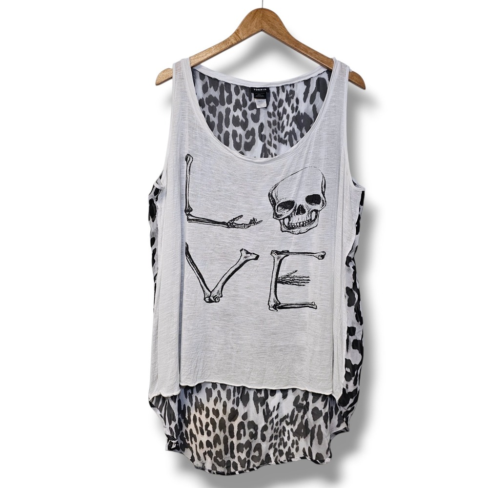 Torrid Tank Top 1X Women Black White Skull Skeleton LOVE Leopard Sheer Goth Slub